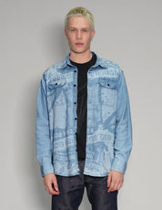 'Peace' Laser Print Denim Shirt in Light Blue