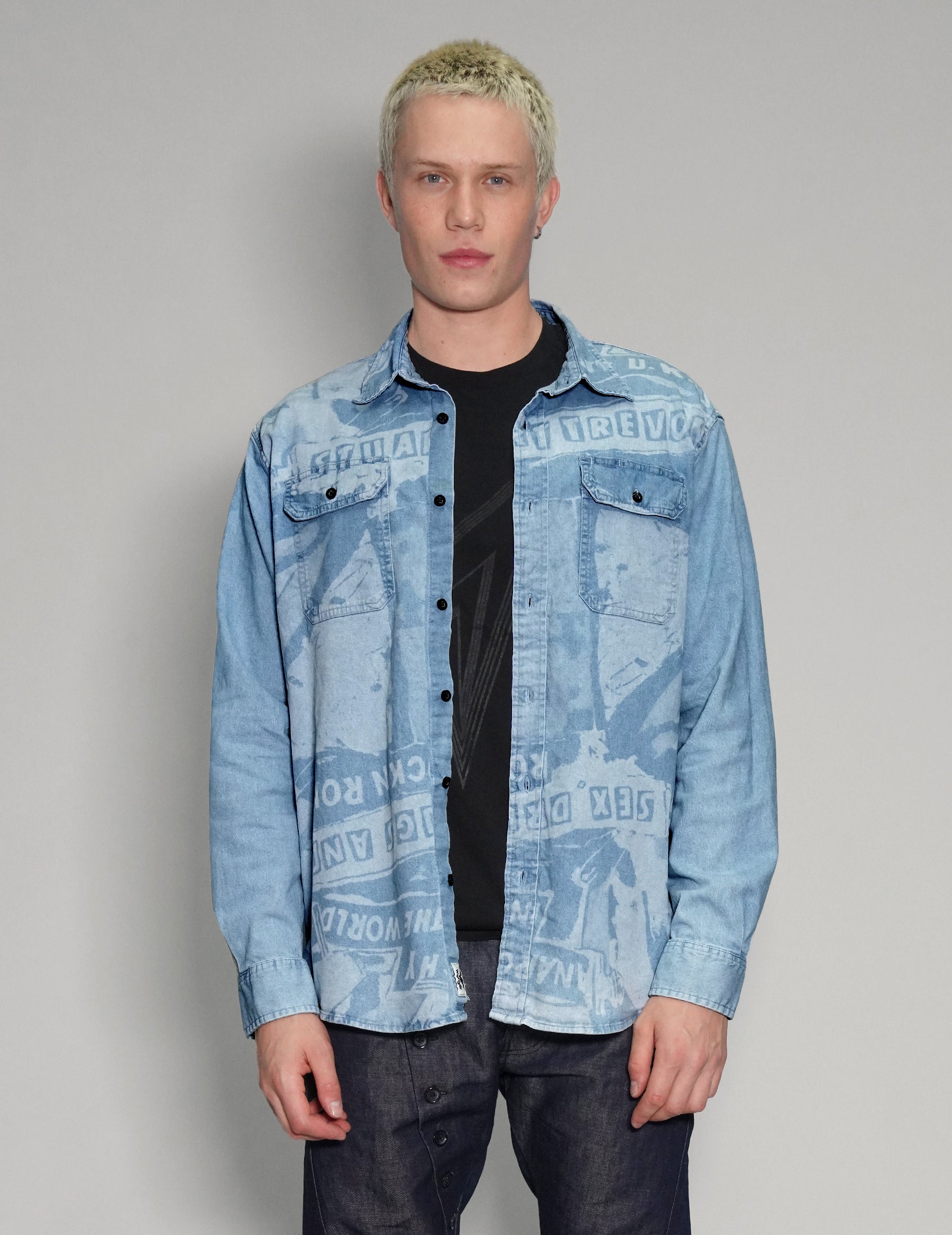 'Peace' Laser Print Denim Shirt in Light Blue