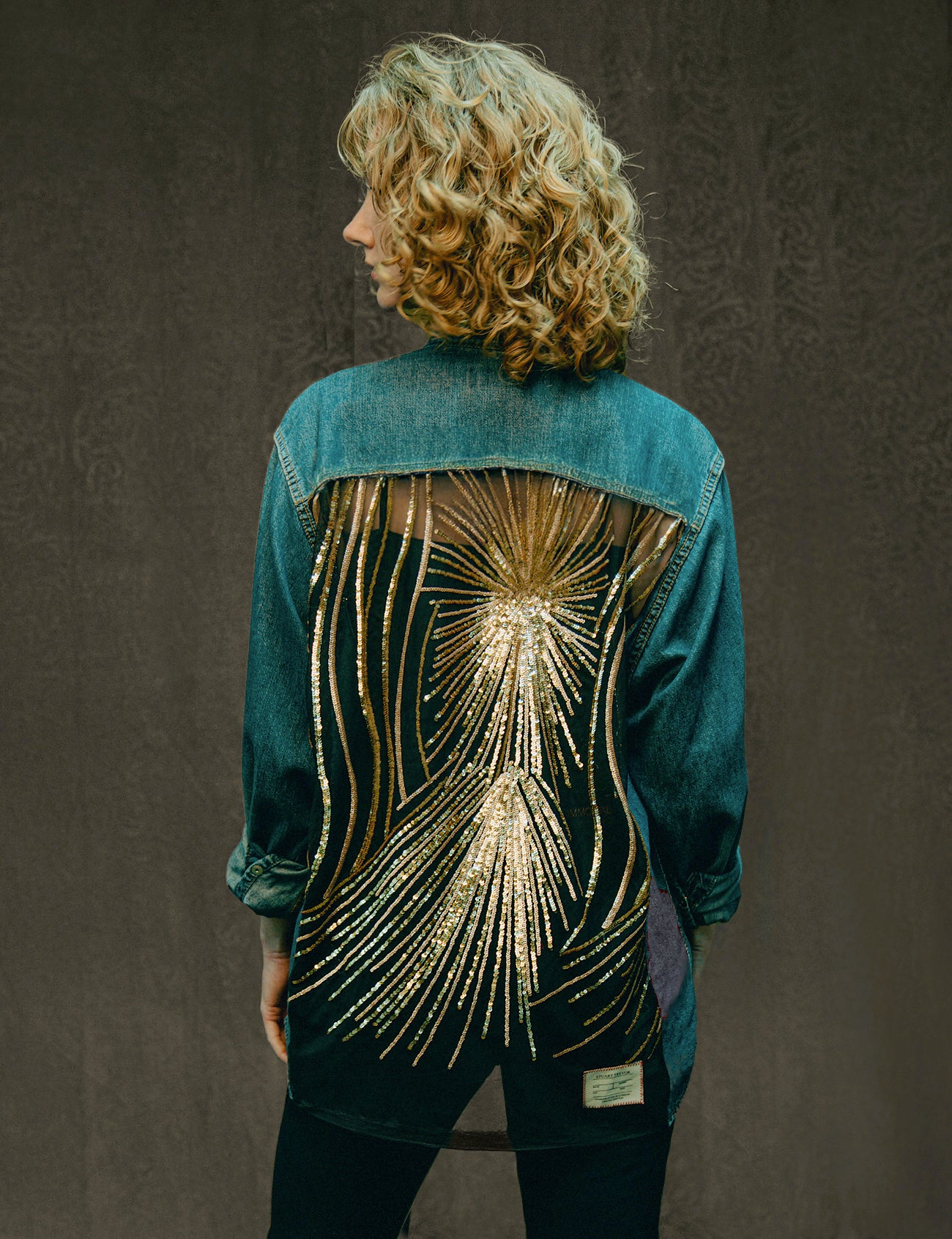 Party Back Shirt - Gold Star Sequin - Blue Denim