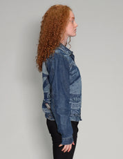 'Peace' Laser Print Denim Jacket in Blue