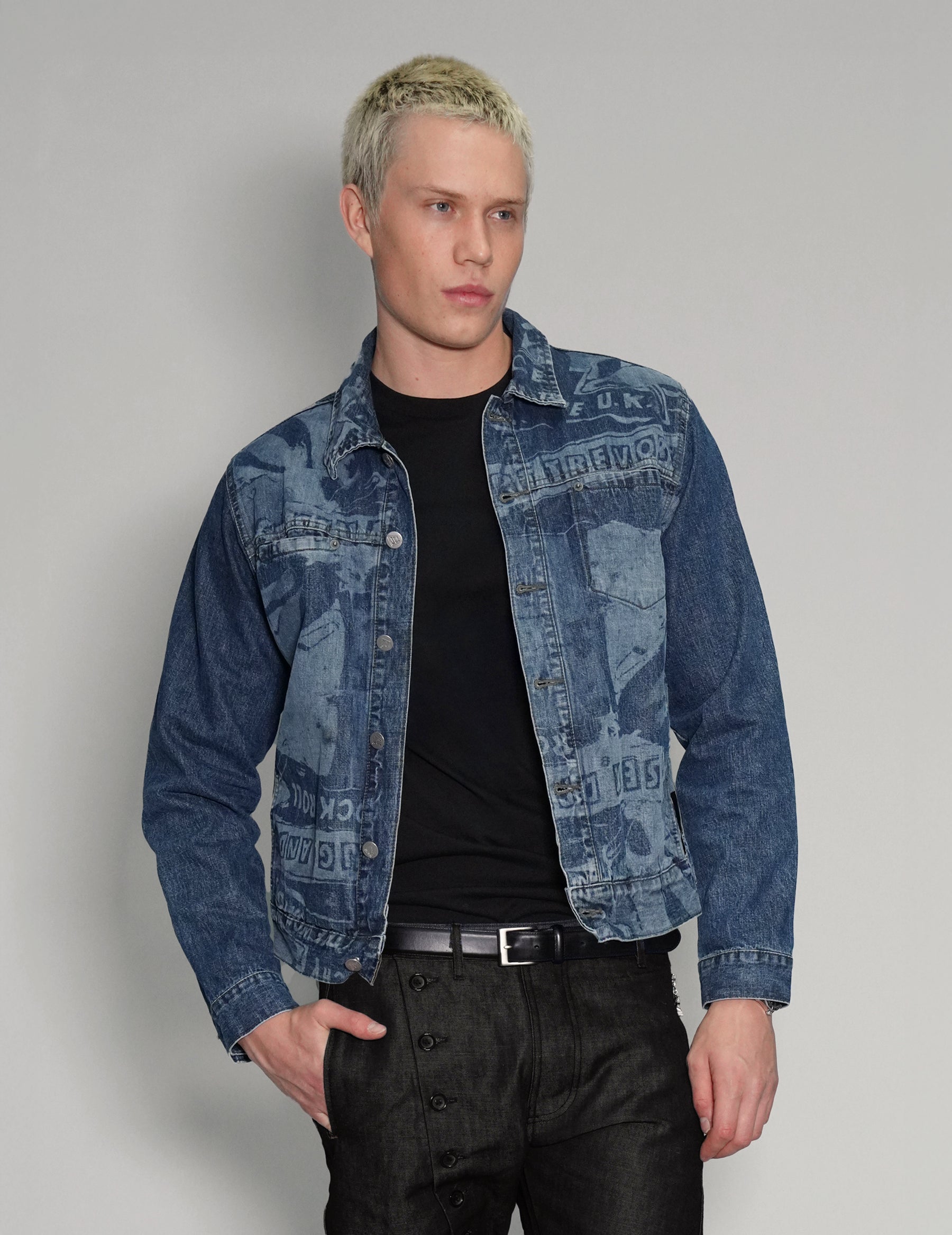 'Peace' Laser Print Denim Jacket in Blue