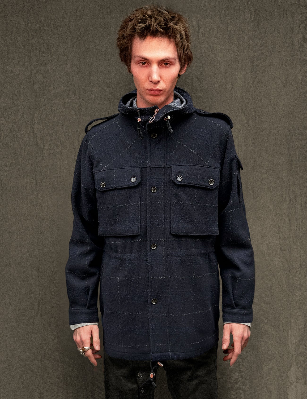 IMMORTAL Windowpane Check Woollen Parka in Navy