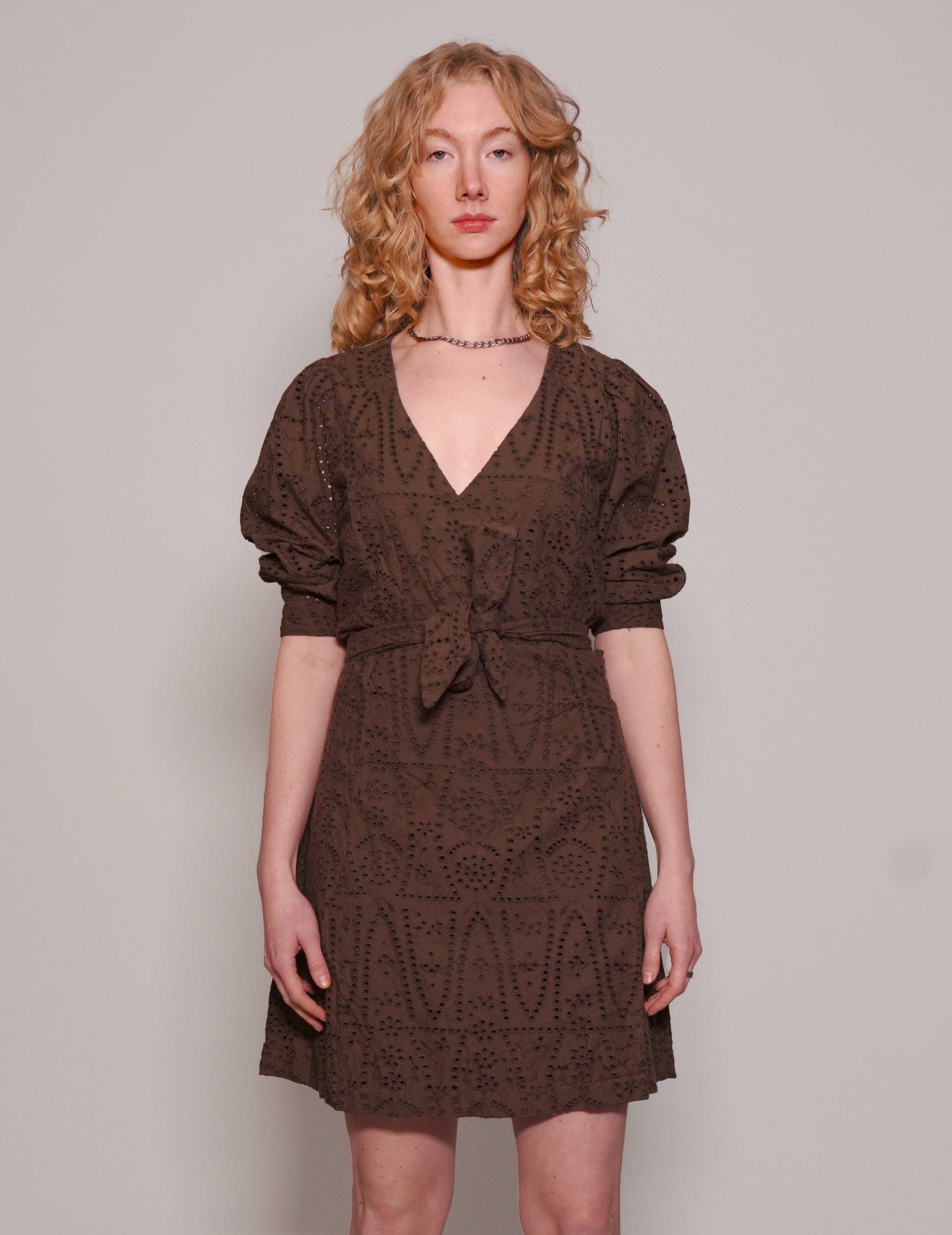 Women's Brown Broderie Anglaise Mini Dress | Stuart Trevor