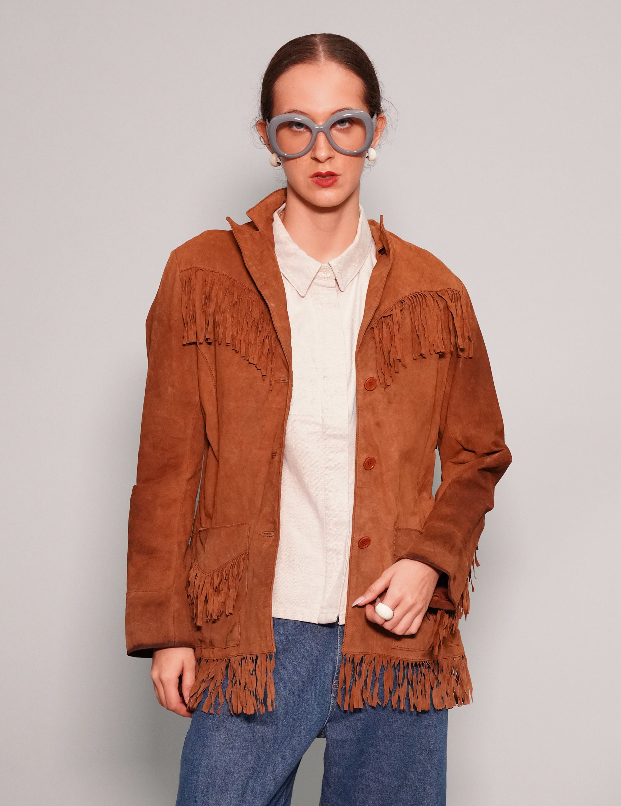 Women's Vintage Fringe Leather Cowgirl Jacket in Brown | Stuart Trevor