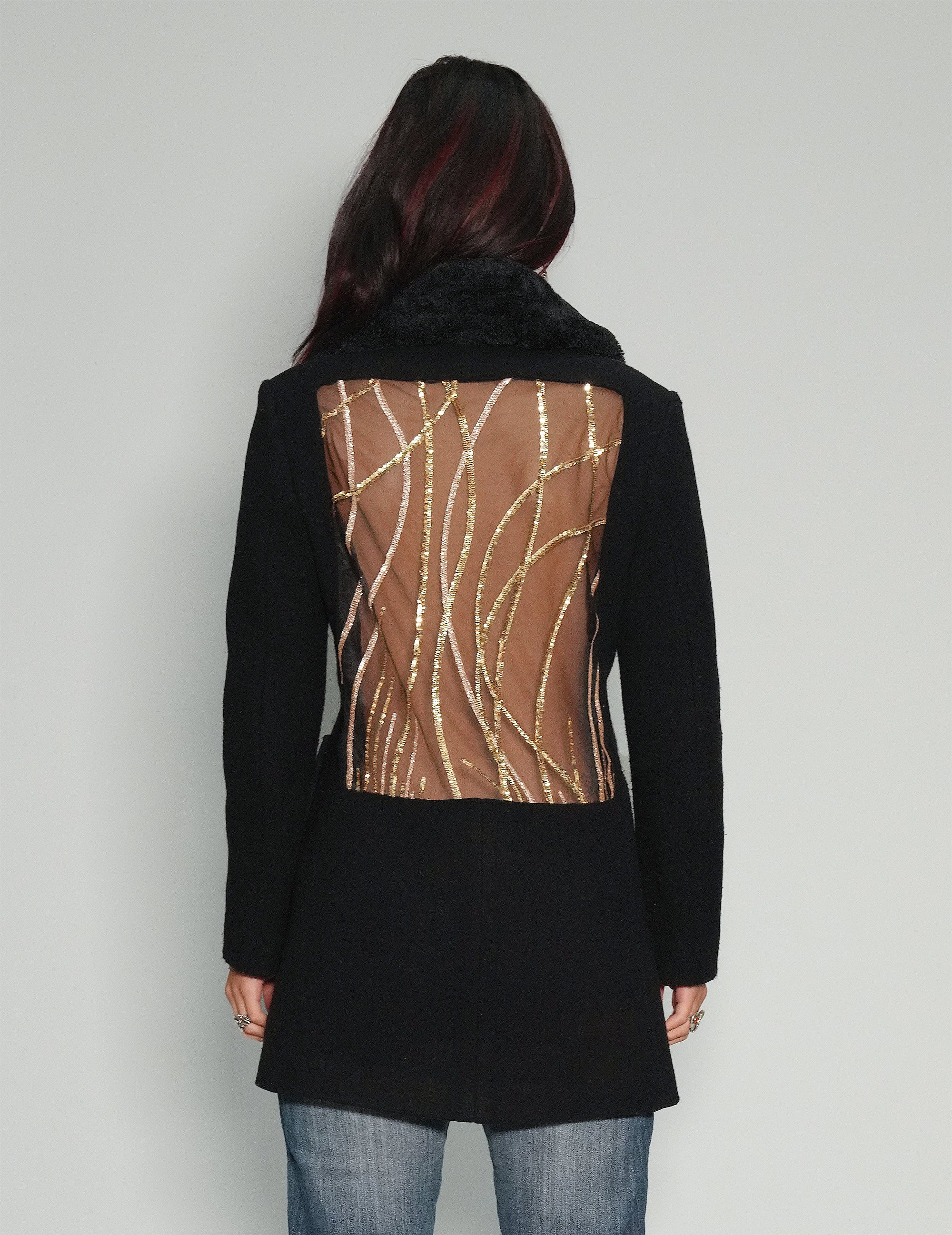 Party Back Blazer Jacket - Gold Lines Sequin - Black