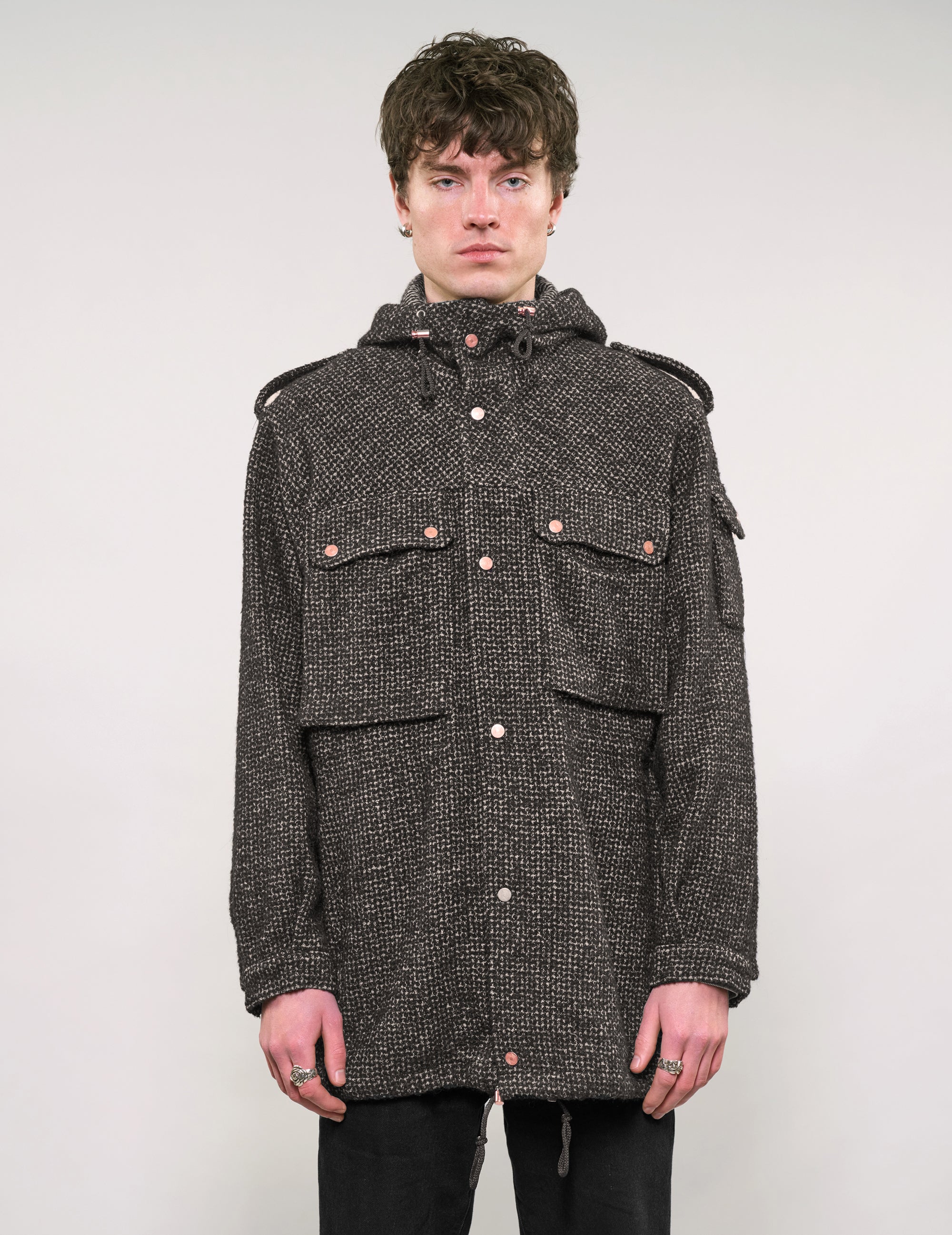 IMMORTAL Hooded Parka in Tweed Charcoal and Black