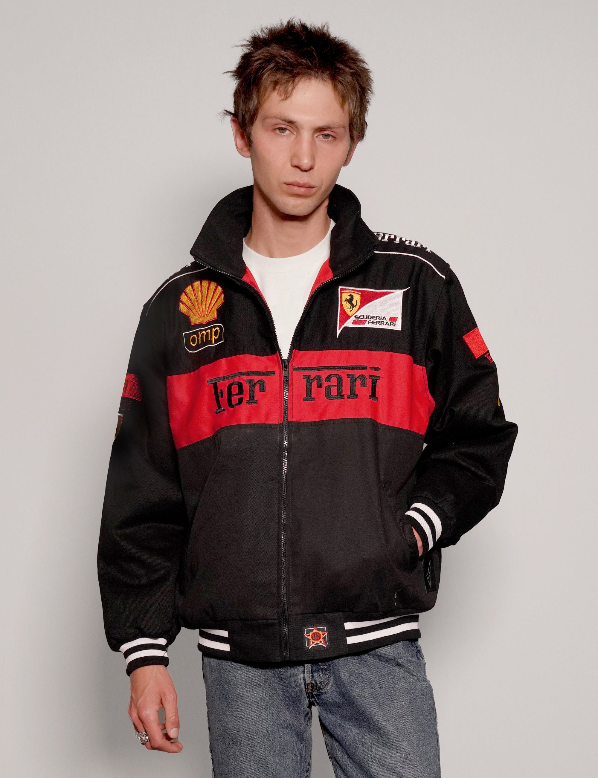 Men's Vintage Ferrari High Neck Racing Jacket in Black | Stuart Trevor