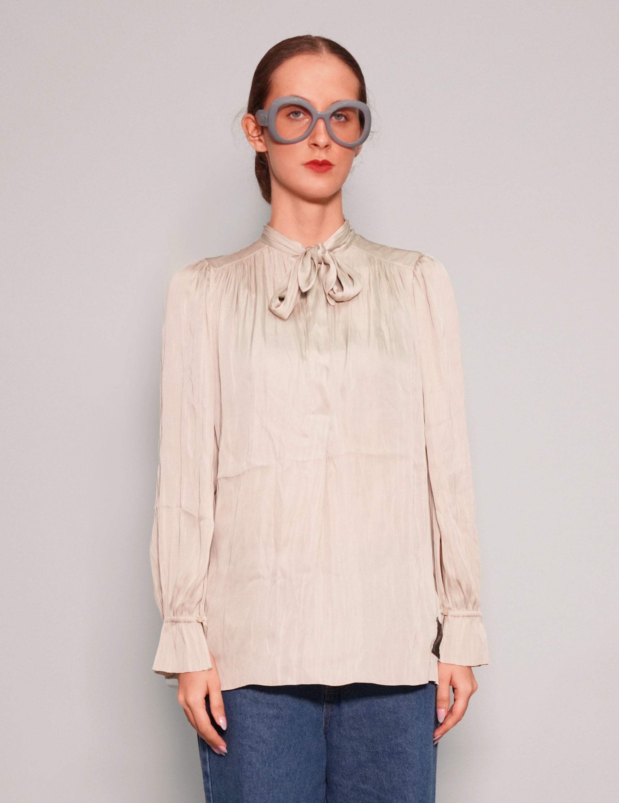 Women's Vintage Tie Neck Blouse in Beige | Stuart Trevor