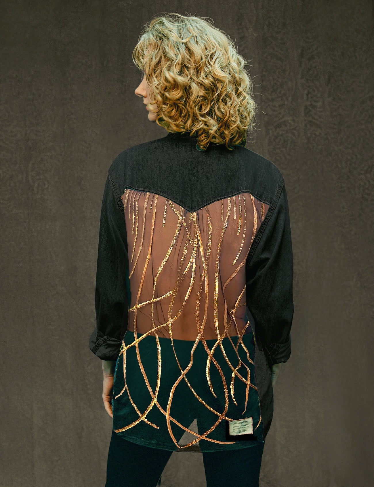 Party Back Shirt - Gold Art-Deco Sequin - Black Denim