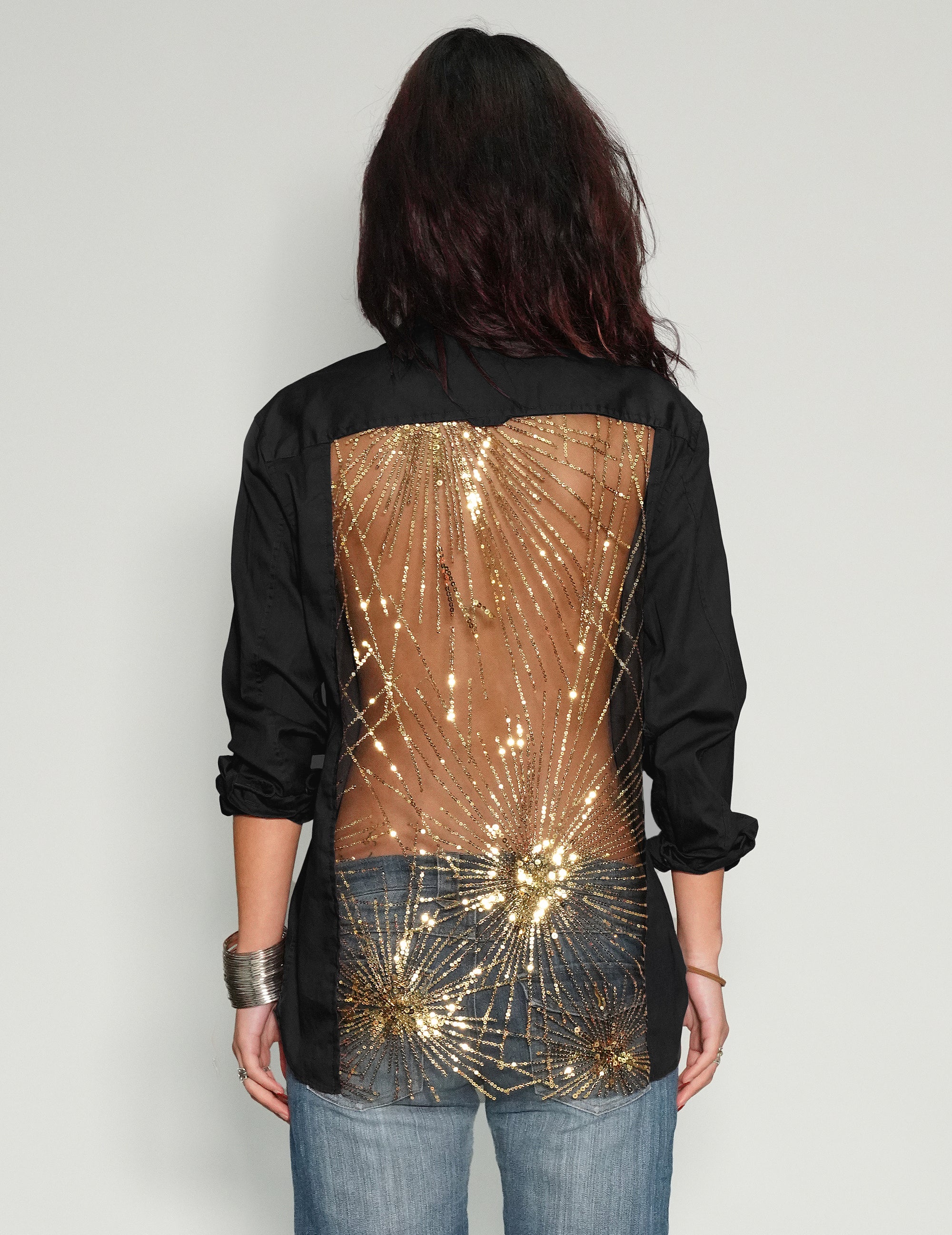 Party Back Shirt - Gold Sequin - Black Cotton