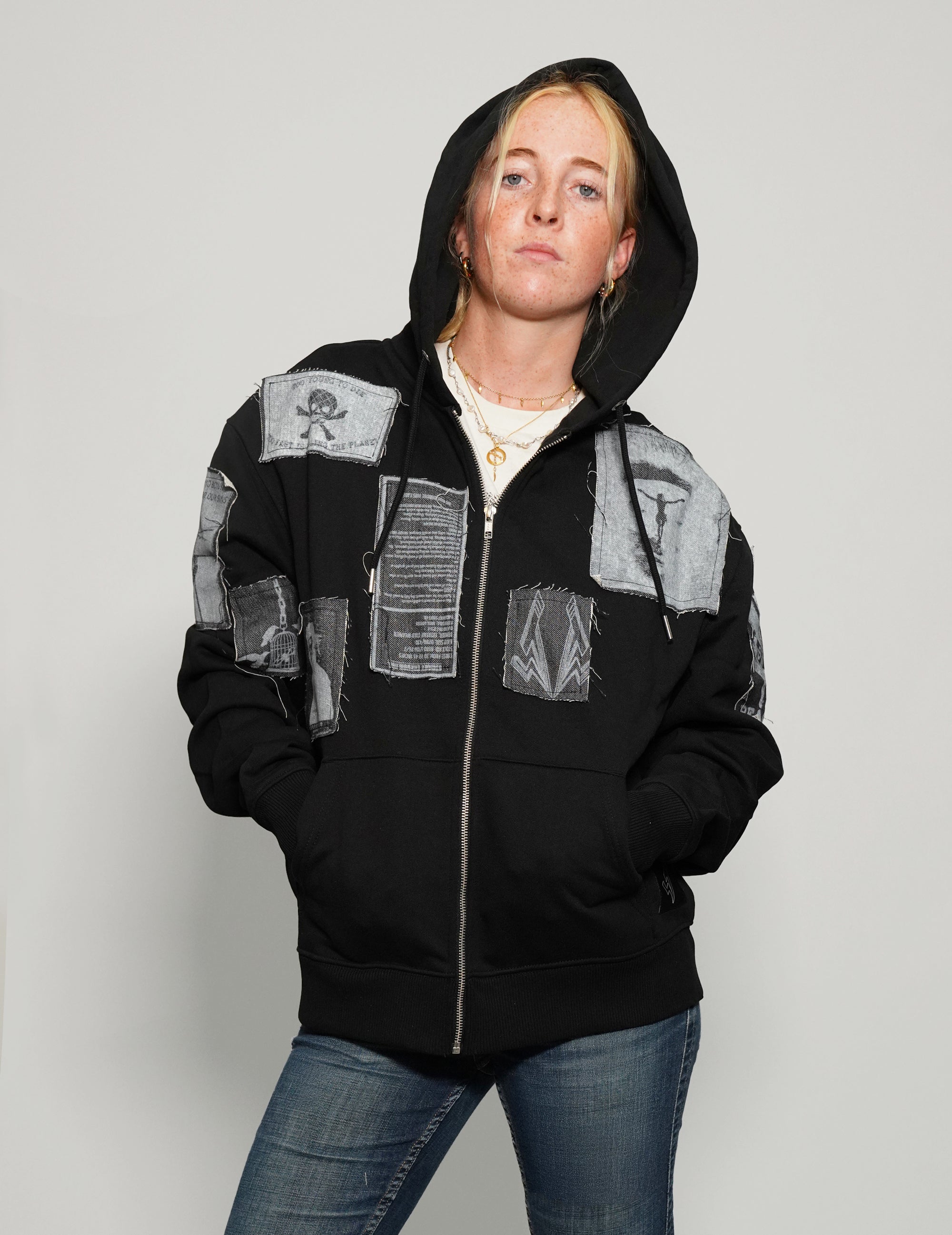 Women's Black Zip Up Hoodie with Patches | Stuart Trevor