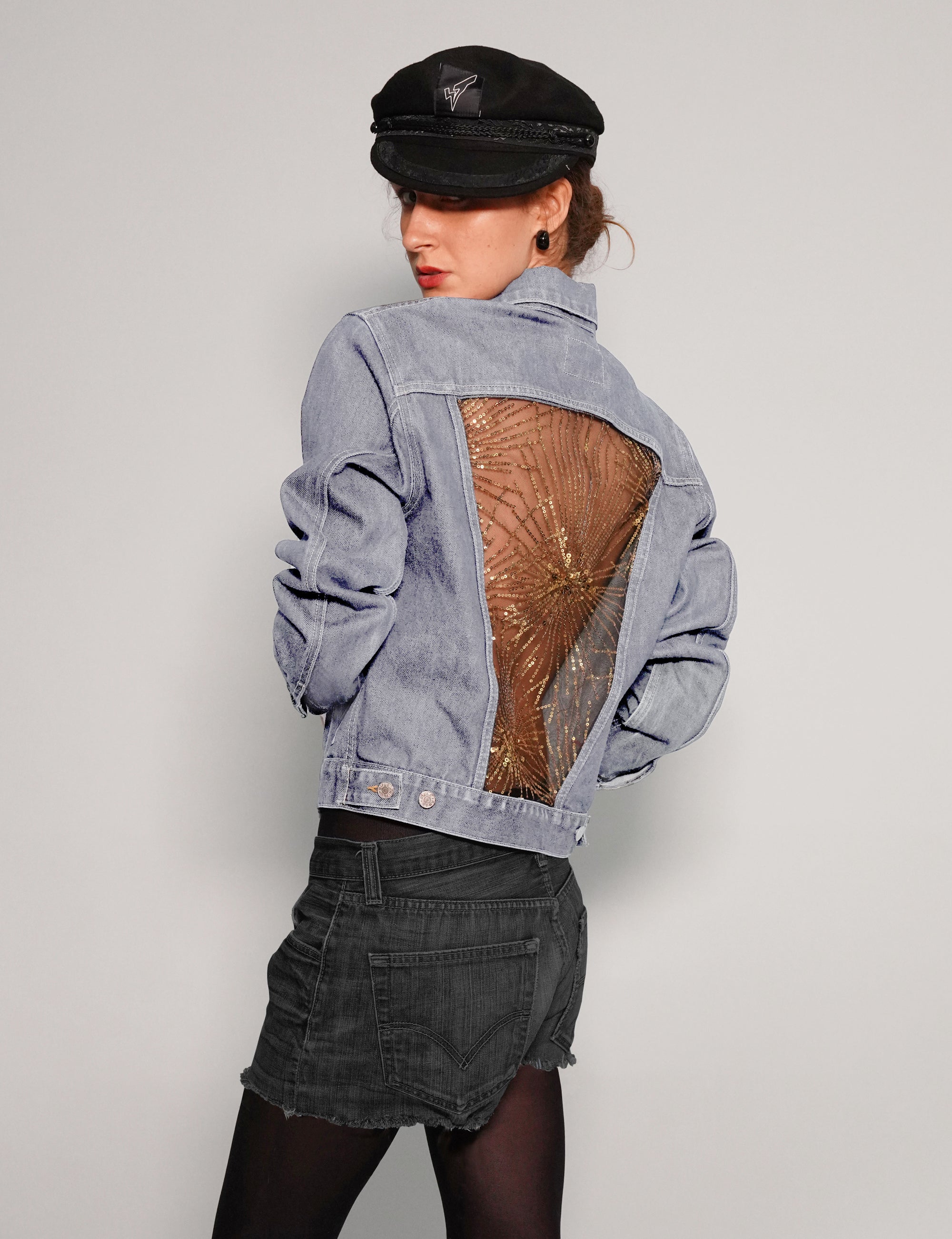 Women's Vintage Denim Jacket with Gold Sequin Sheer Back | Stuart Trevor