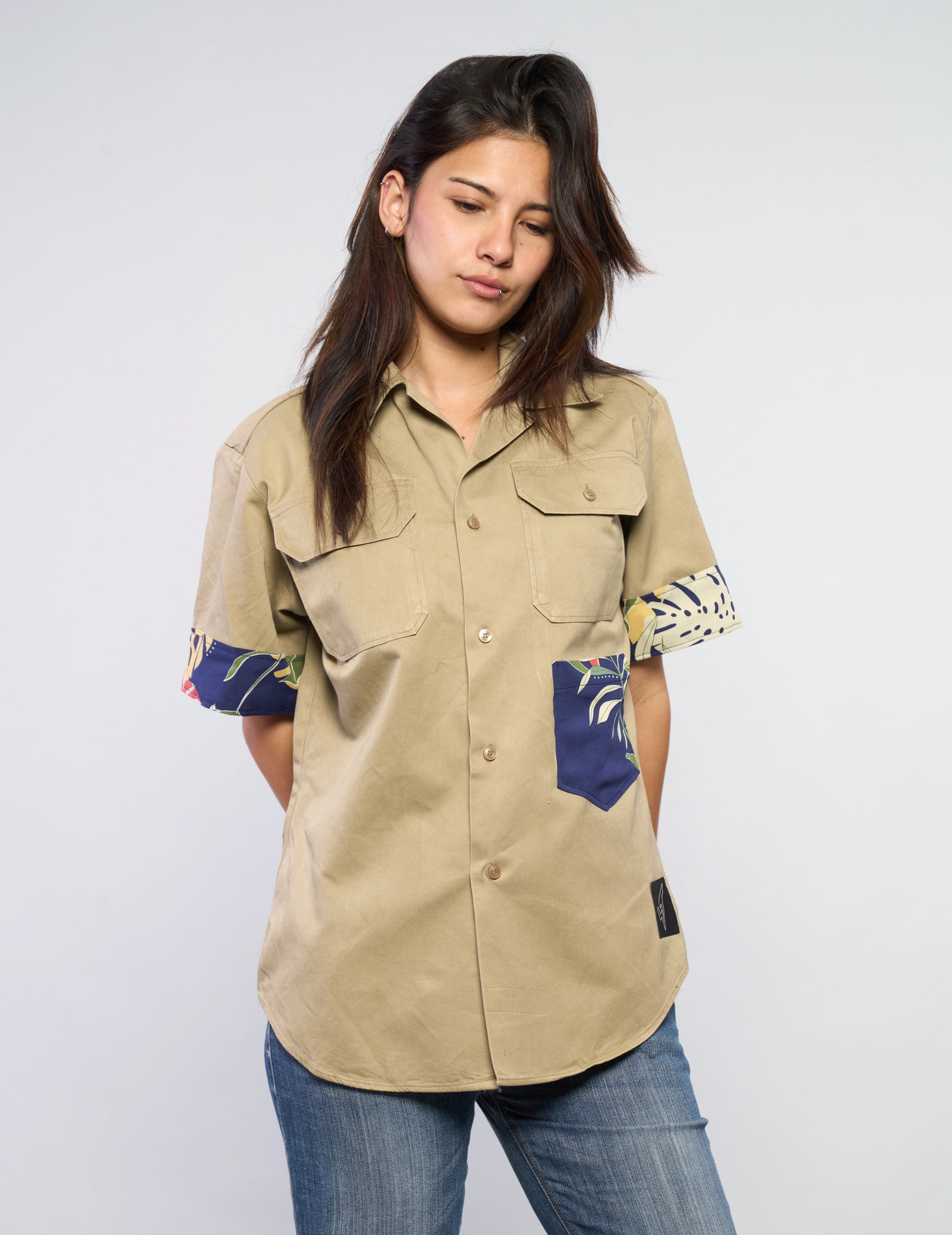Tropical Patch Military Shirt in Sand