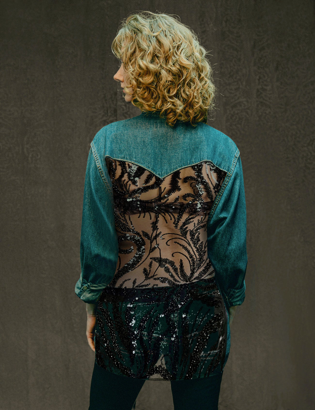 Women's Vintage Blue Denim Shirt with Black Sequin Sheer Back | Stuart Trevor