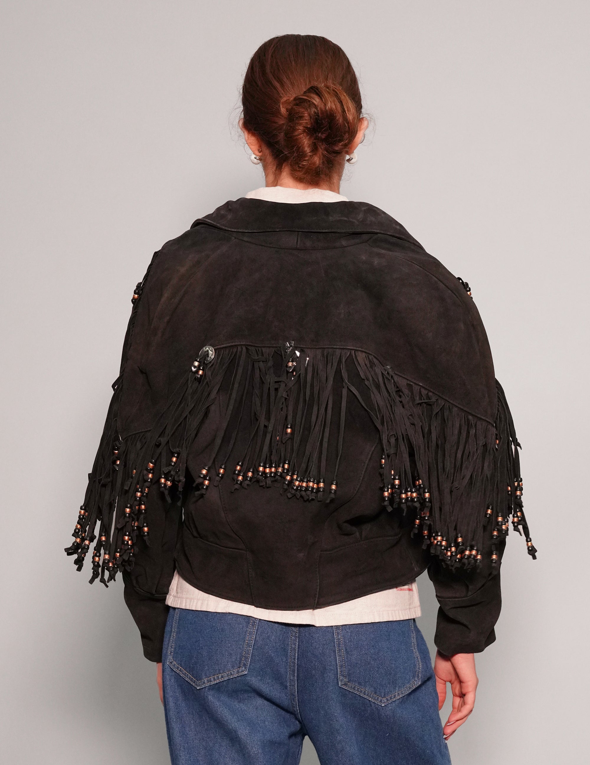 Women's Vintage Suede Beaded Fringe Cowgirl Jacket in Black | Stuart Trevor