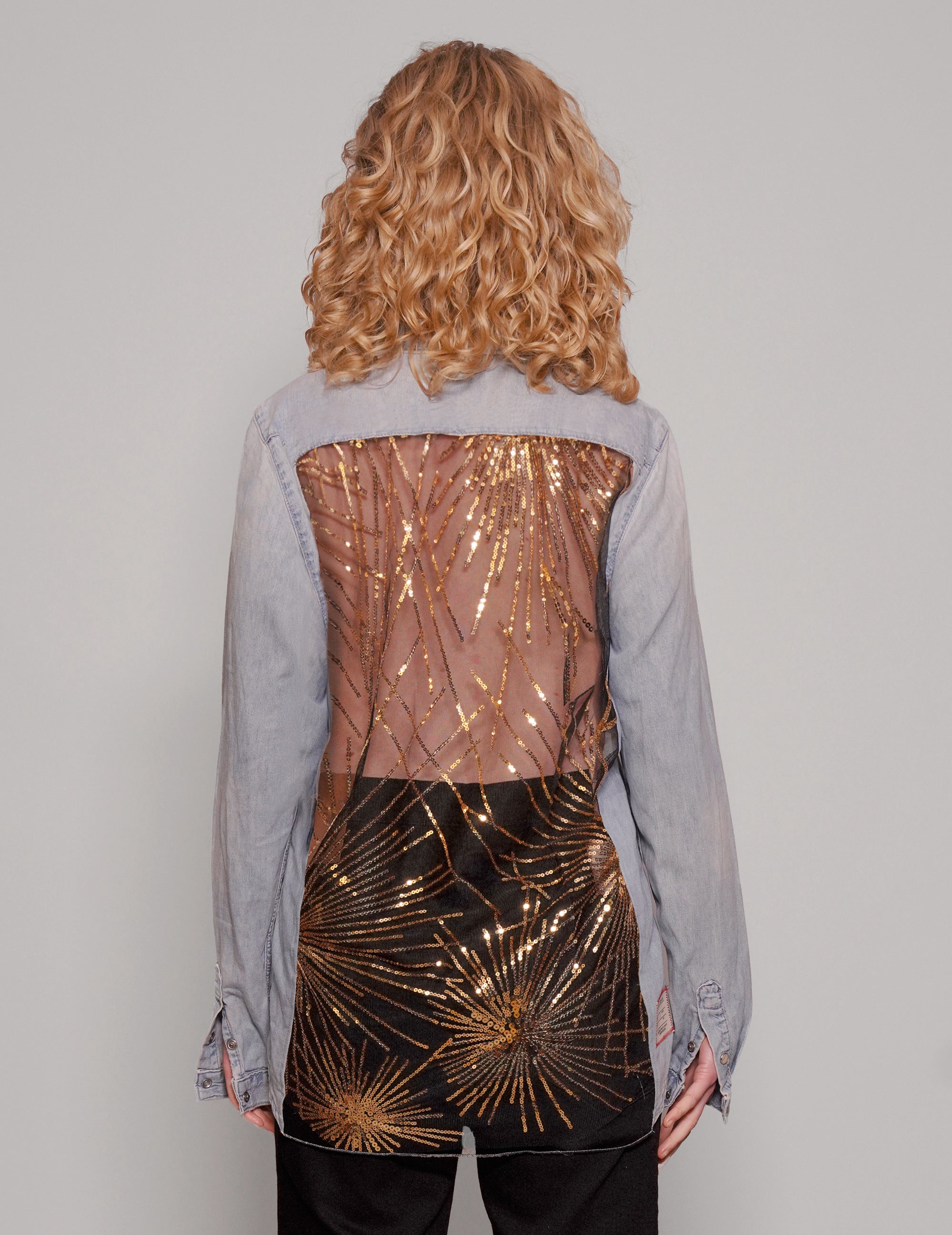 Party Back Shirt - Gold Star Sequin - Light Blue Denim