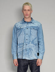 'Peace' Laser Print Denim Shirt in Light Blue