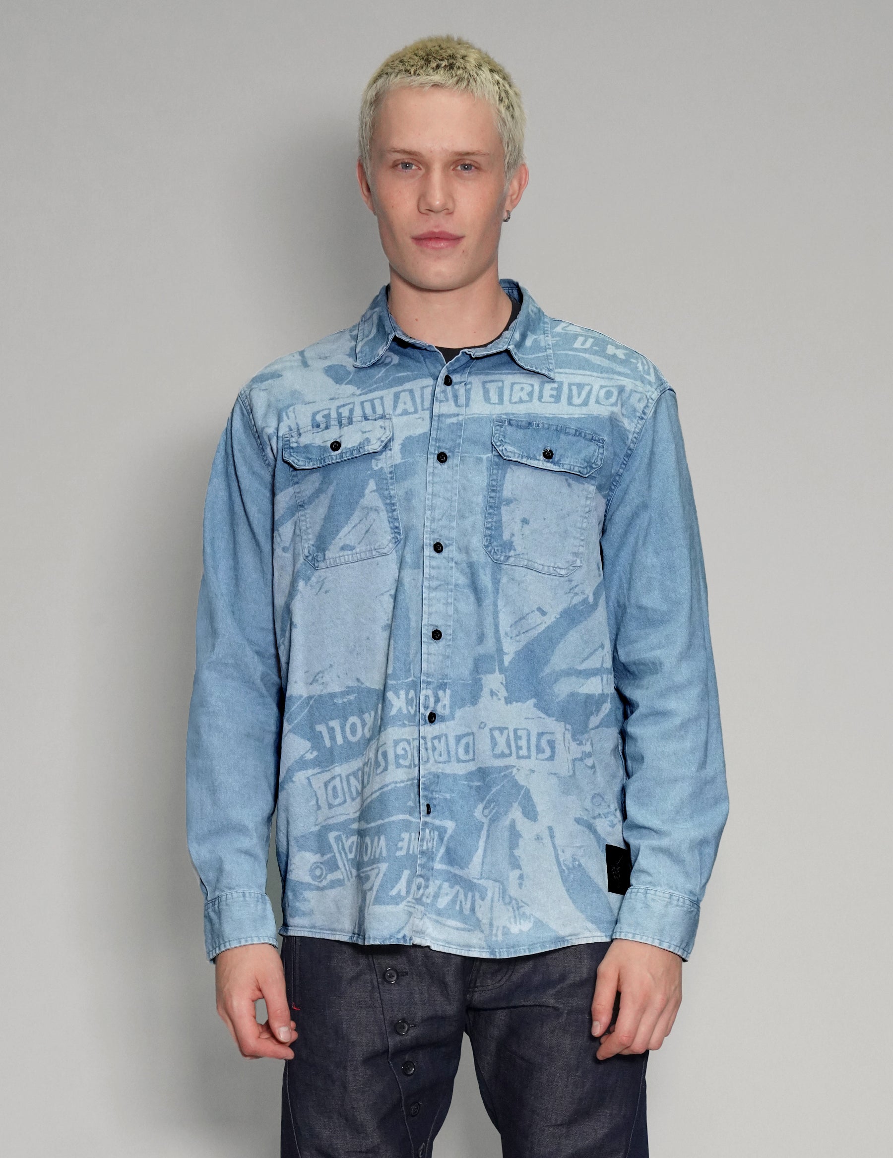 'Peace' Laser Print Denim Shirt in Light Blue