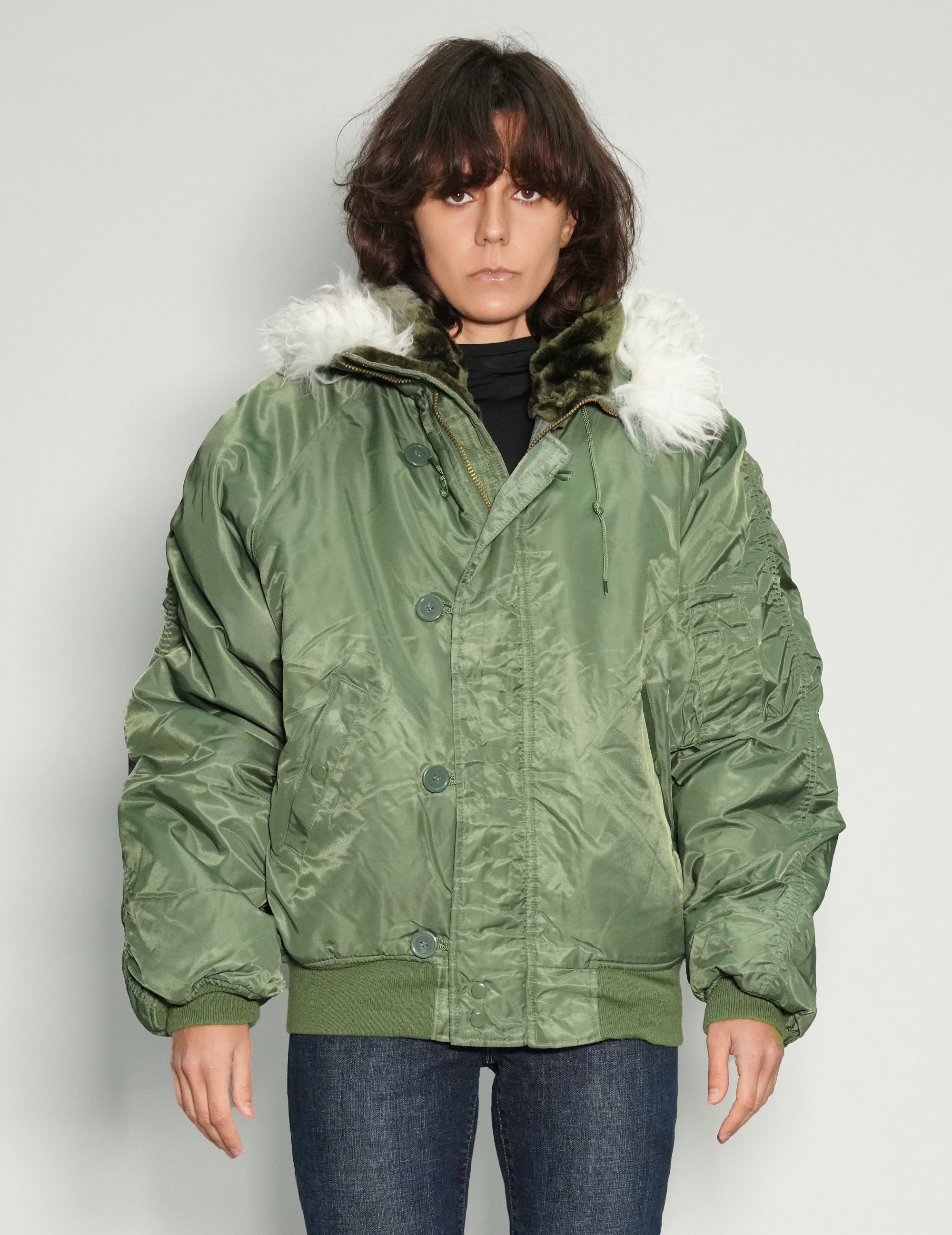 Zipped Hooded Flying Jacket in Green