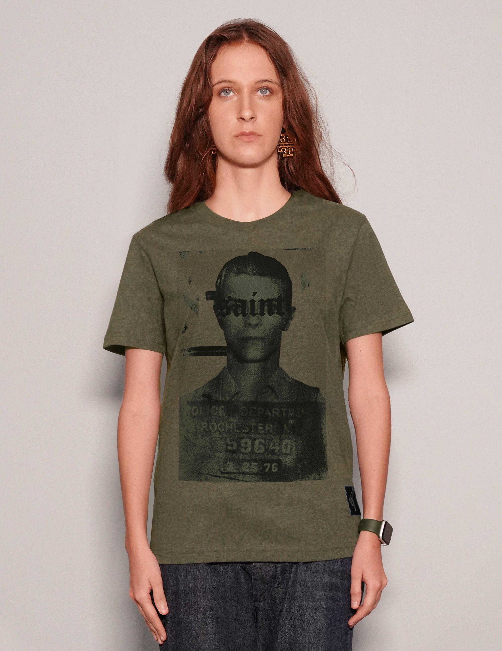 Women's Graphic T-Shirt with David Bowie Print in Khaki Green | Stuart Trevor