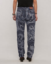 Dragon Tattoo Laser Print Jeans - Dark Denim