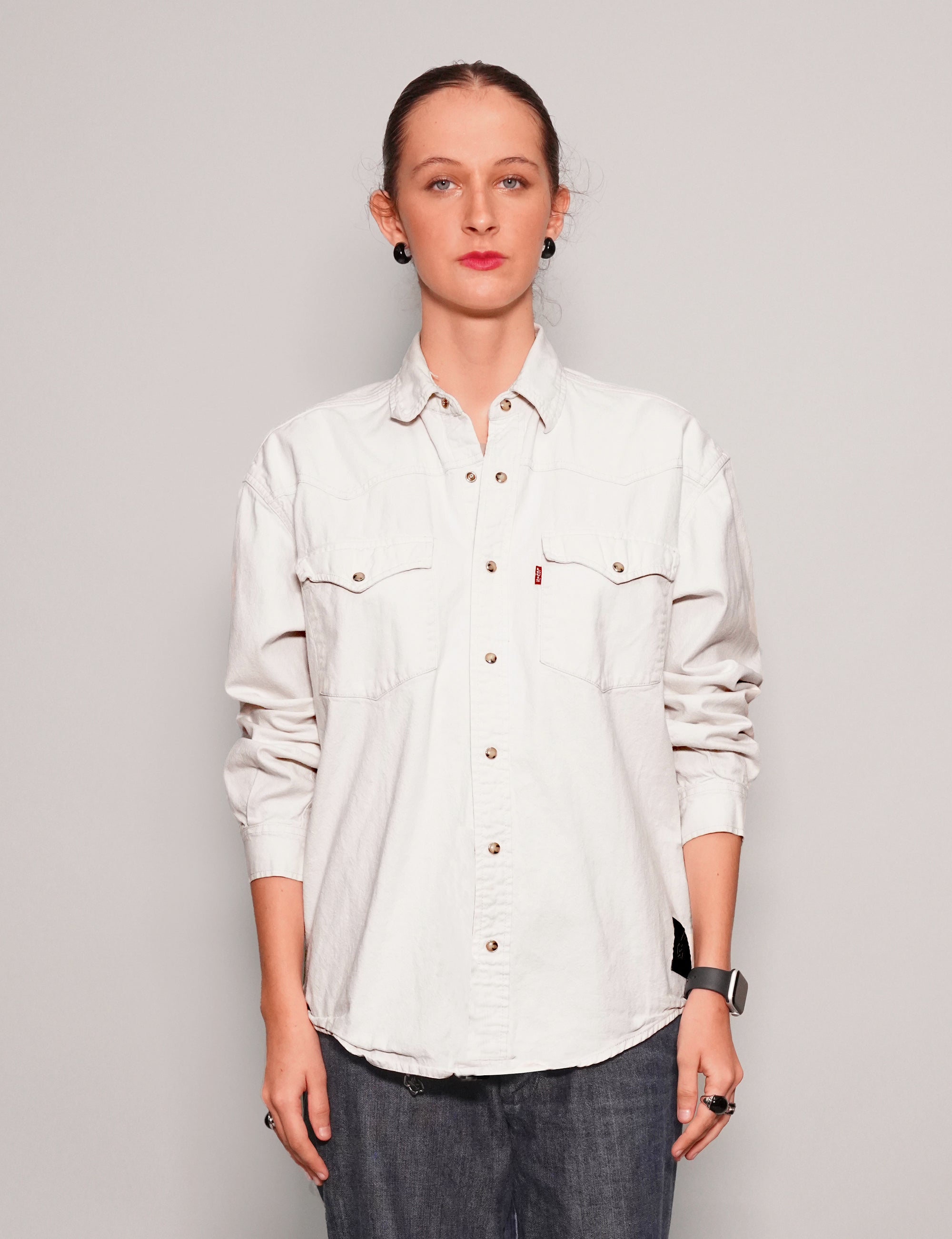 Women's Vintage White Denim Shirt with Black Sequin Sheer Back | Stuart Trevor