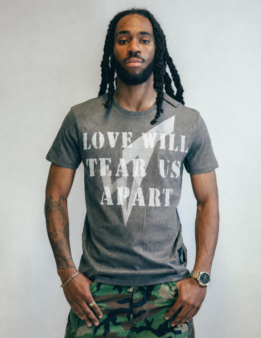'Love Will Tear Us Apart' Logo T-Shirt in Grey