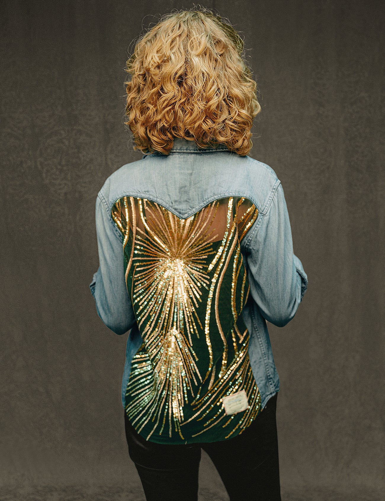 Party Back Shirt - Gold Art-Deco Sequin - Light Blue Denim