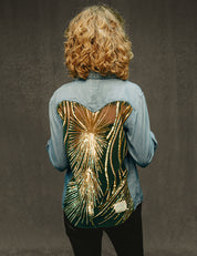 Party Back Shirt - Gold Art-Deco Sequin - Light Blue Denim