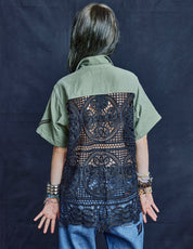 Party Back Shirt - Black Lace - Short Sleeve Khaki