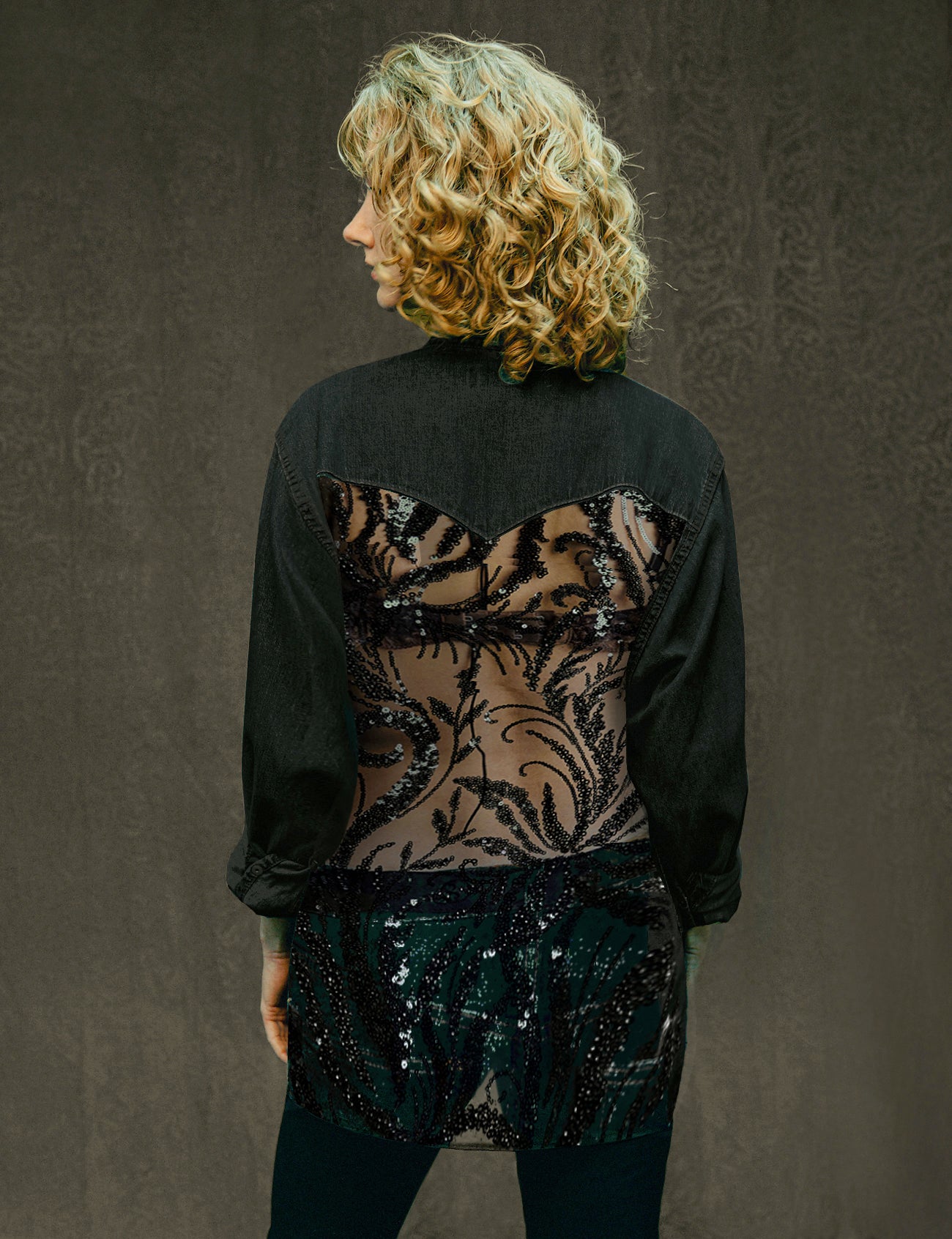 Women's Black Denim Shirt with Black Sequin Sheer Back | Stuart Trevor