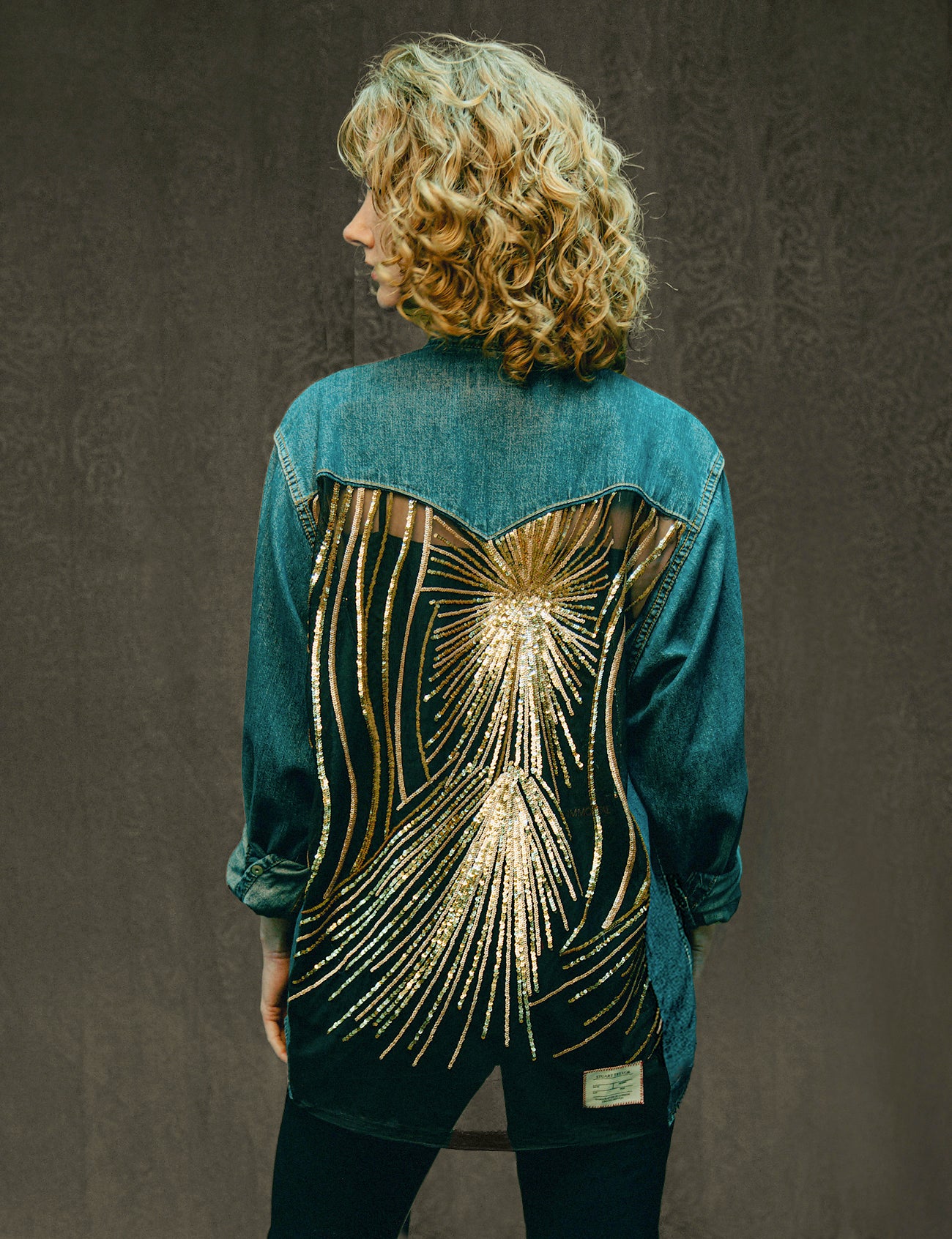 Party Back Shirt - Gold Art-Deco Sequin - Blue Denim