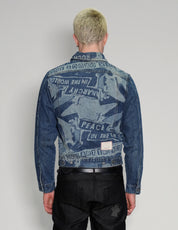 'Peace' Laser Print Denim Jacket in Blue