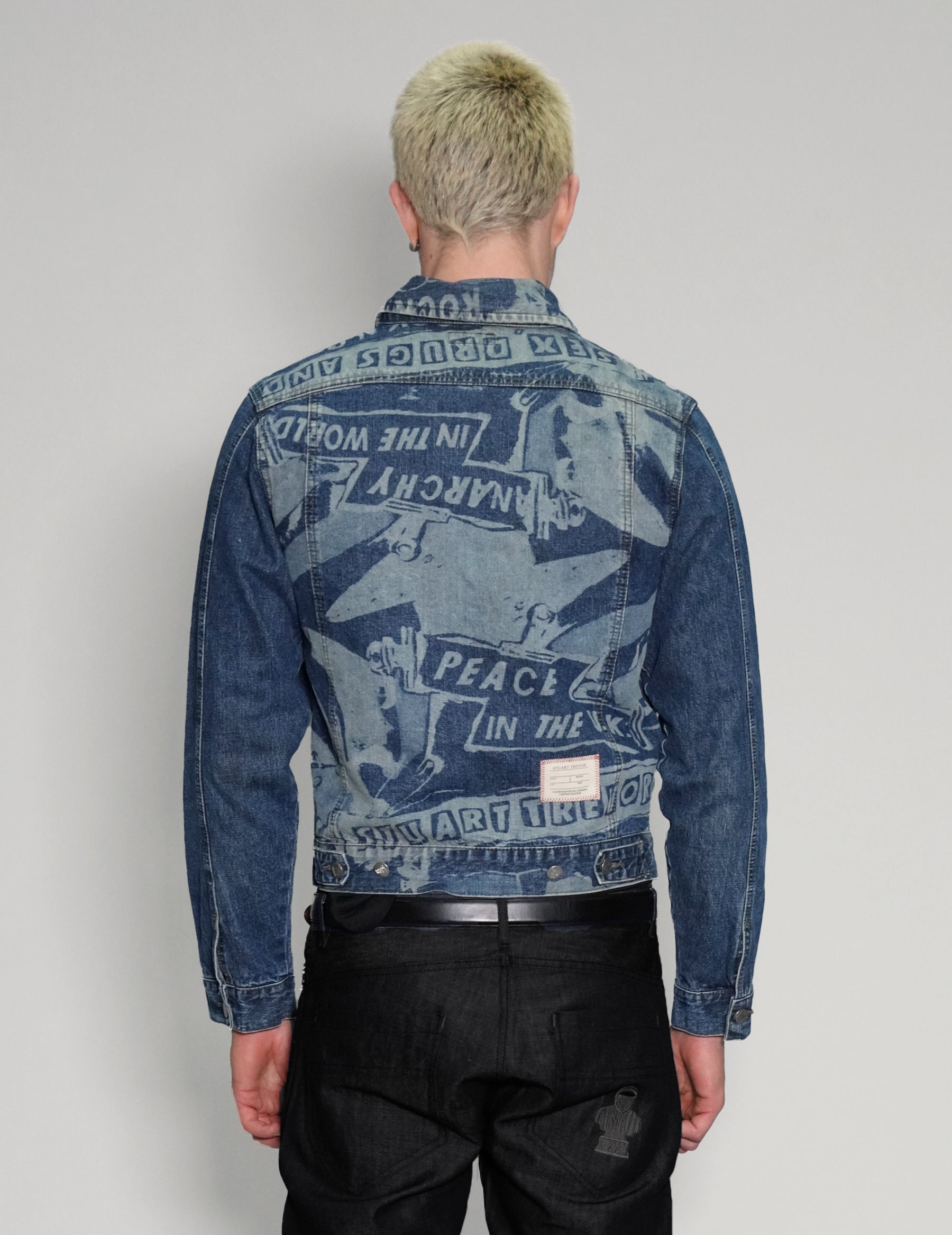 'Peace' Laser Print Denim Jacket in Blue