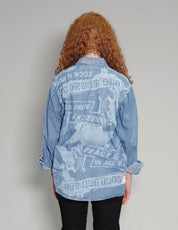 'Peace' Laser Print Denim Shirt in Light Blue