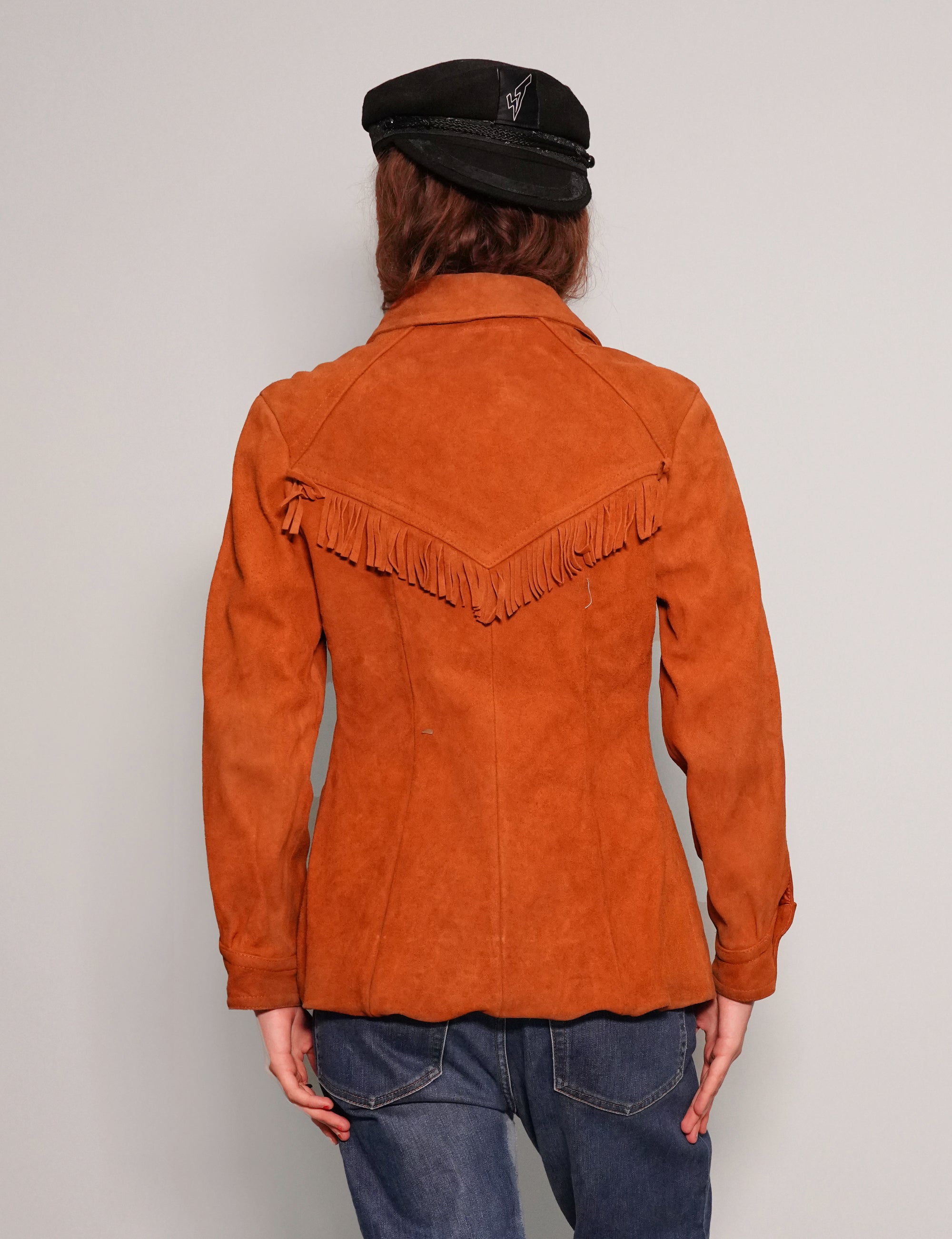 Women's Vintage Fringe Leather Cowgirl Jacket in Orange | Stuart Trevor