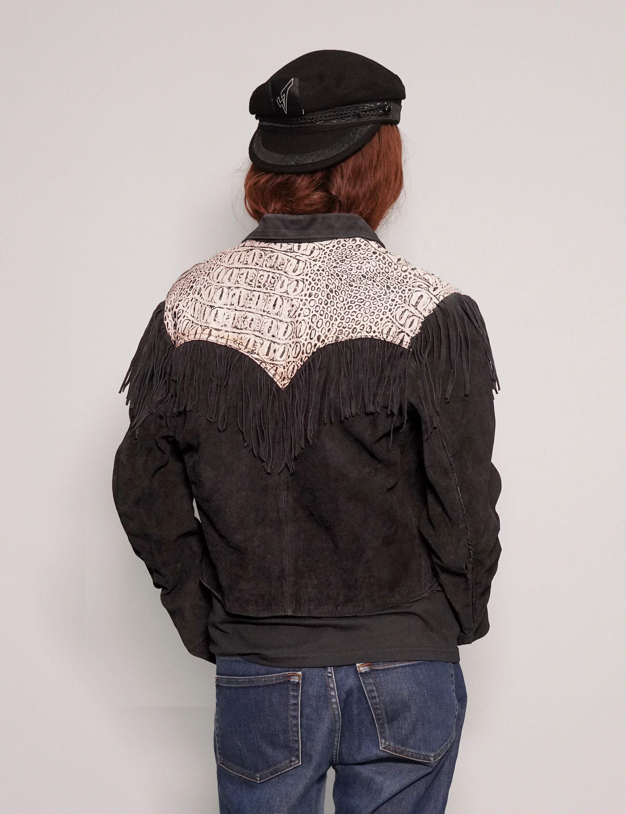Women's Vintage Two-Tone Leather Fringe Cowboy Jacket in Black | Stuart Trevor
