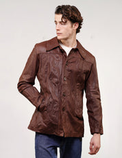 'Peace' Laser Printed Brown Leather Jacket