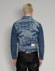 'Peace' Laser Print Denim Jacket in Blue