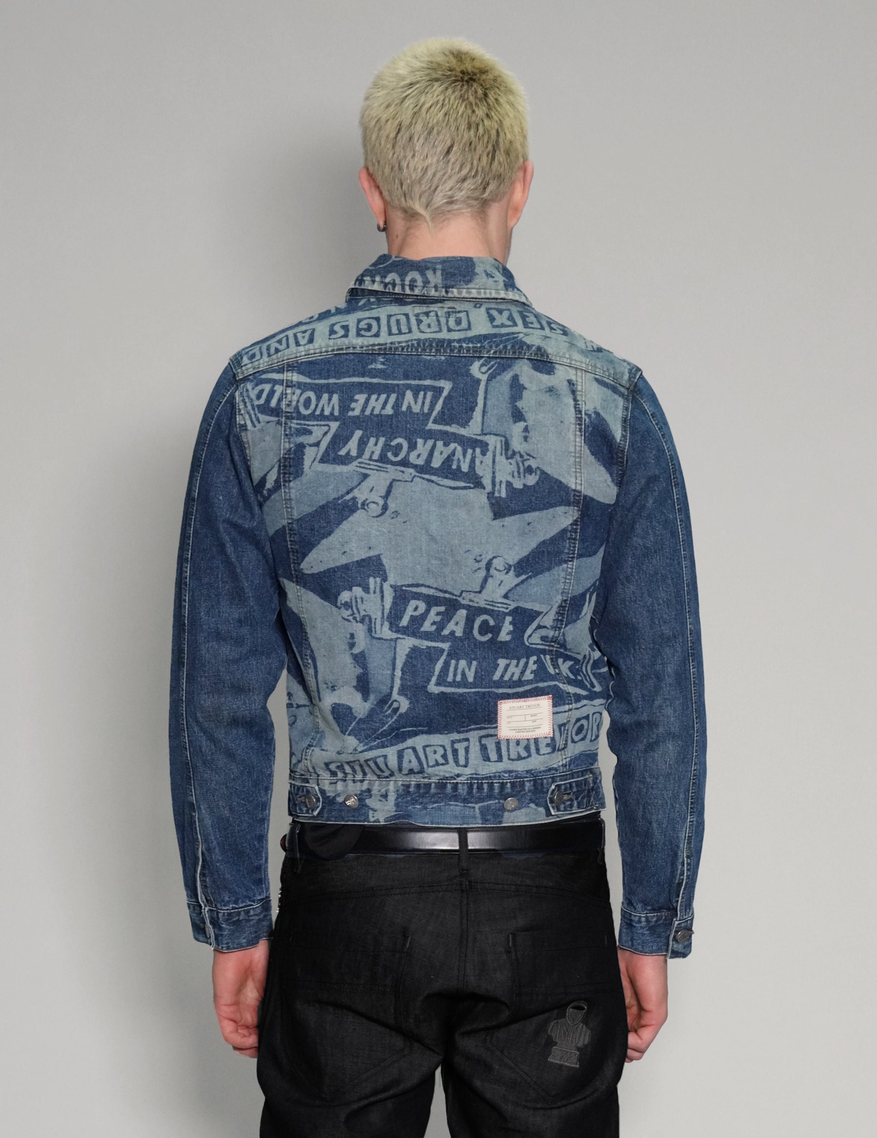 'Peace' Laser Print Denim Jacket in Blue