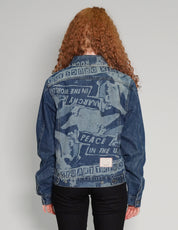 'Peace' Laser Print Denim Jacket in Blue