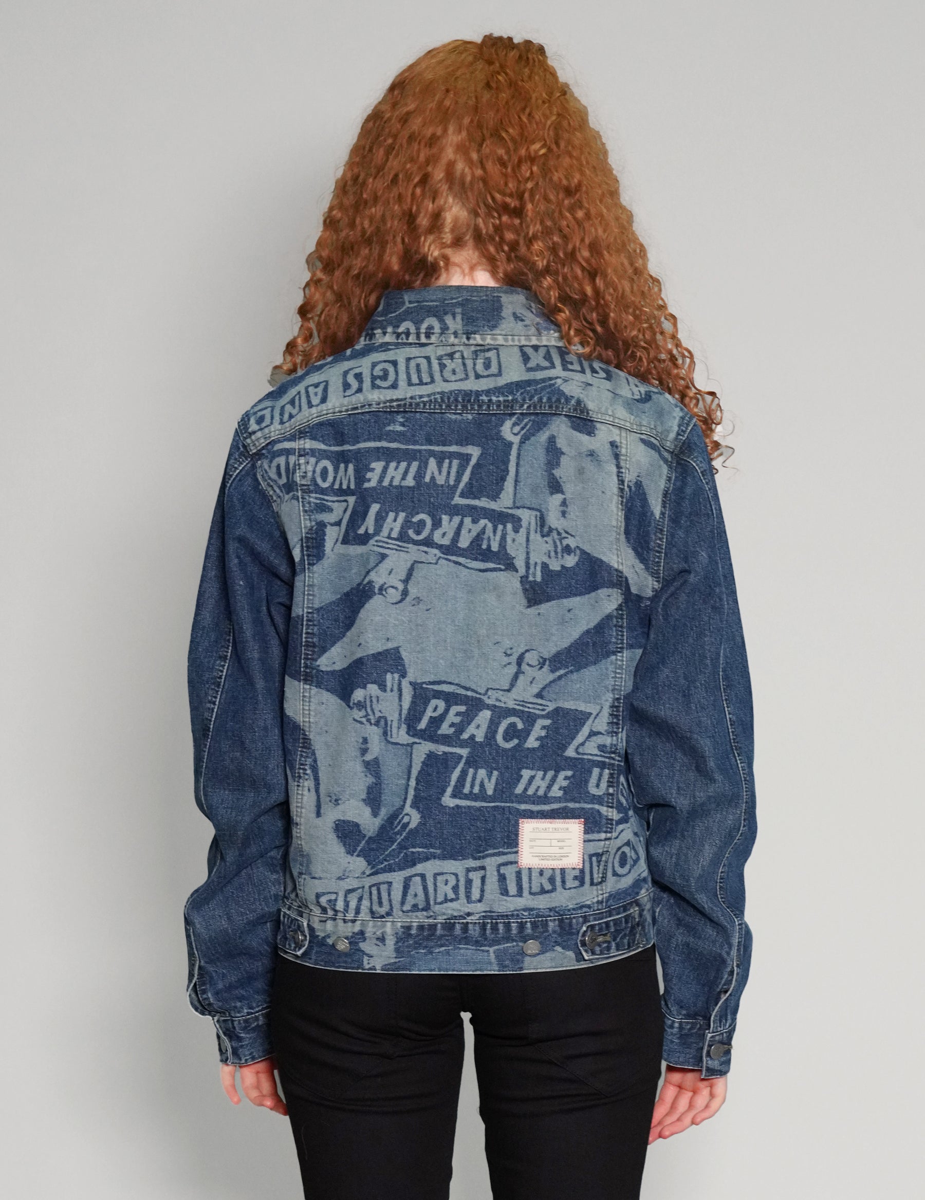 'Peace' Laser Print Denim Jacket in Blue