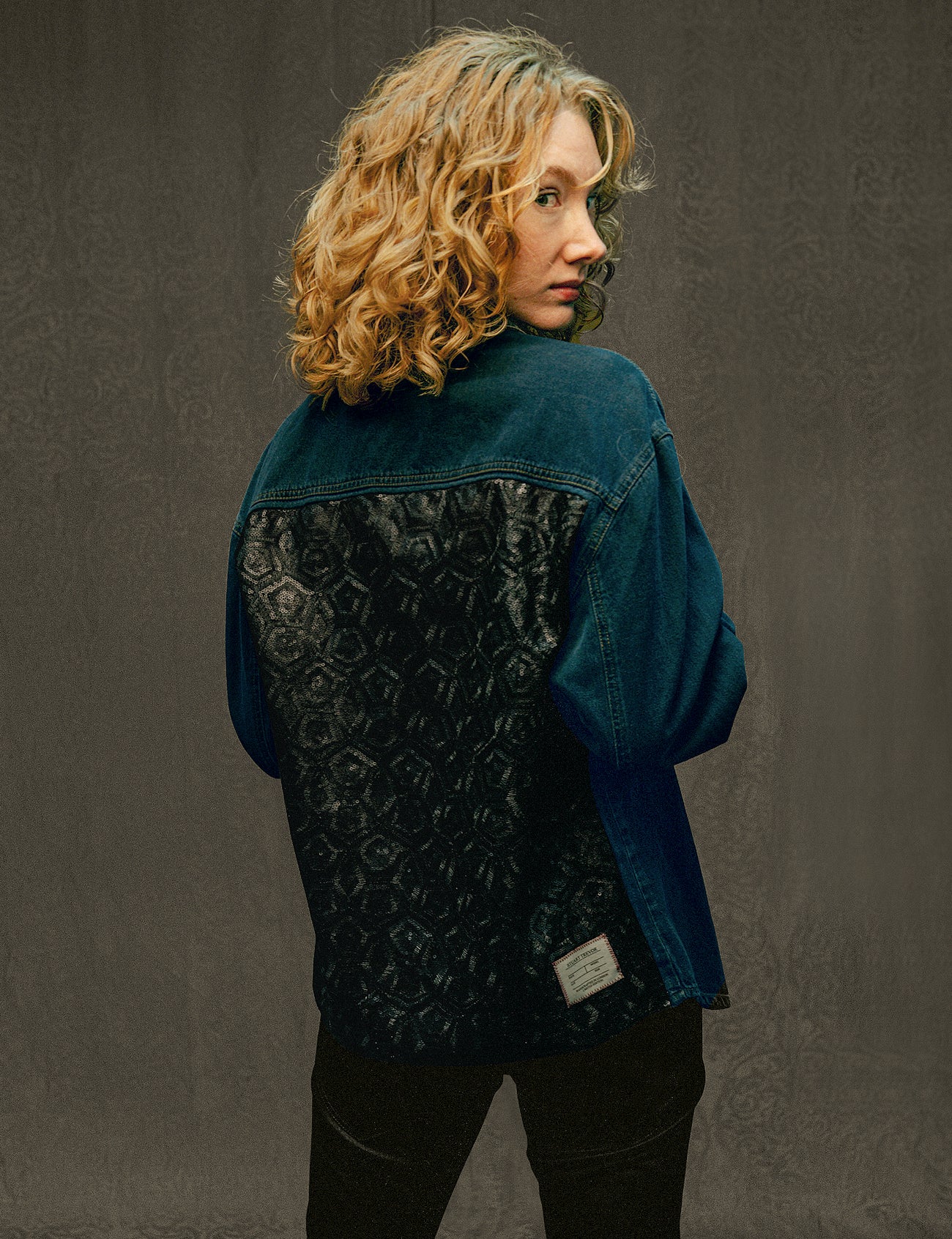 Party Back Shirt - Black Lace Art-Deco Sequin - Blue Denim