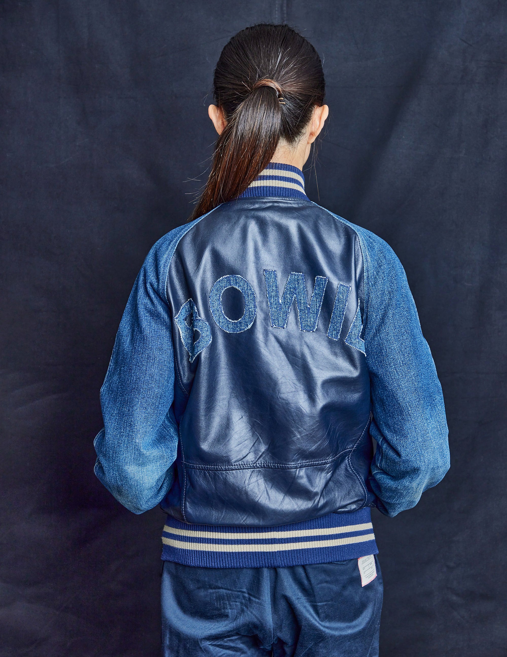 Bowie Denim and Leather Varsity Bomber Jacket