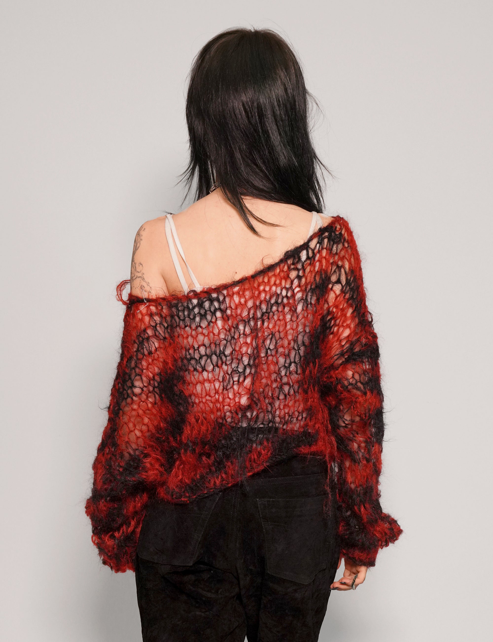 Women's Mohair Knitted Cropped Jumper in Black & Red Stripe | Stuart Trevor
