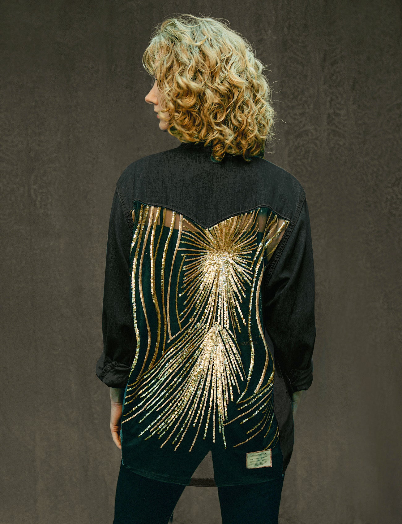 Party Back Shirt - Gold Star Sequin - Black Denim