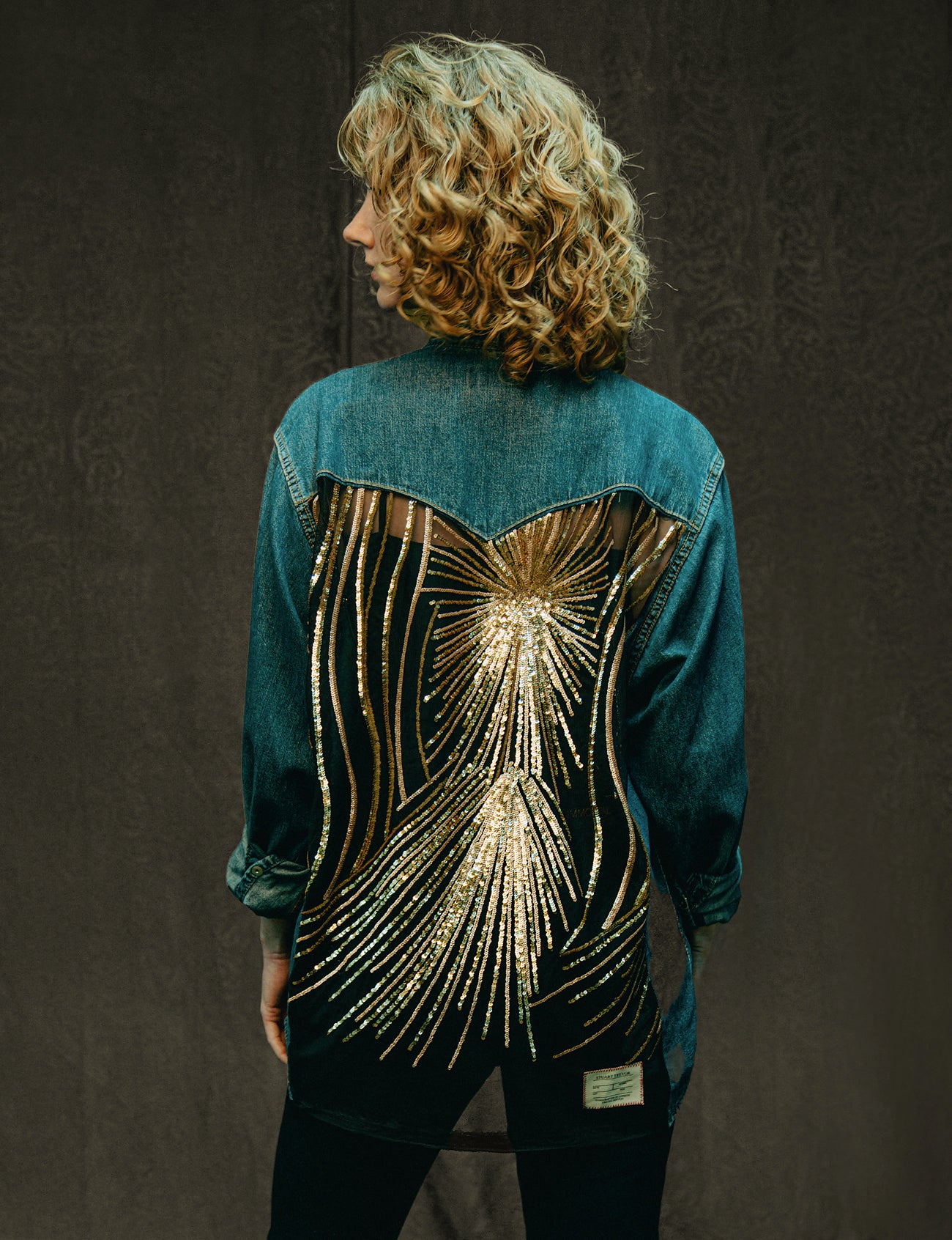 Party Back Shirt - Gold Art-Deco Sequin - Long Sleeve Denim