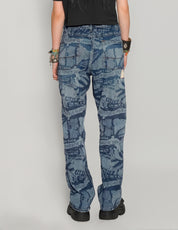 'Peace' Laser Print Jeans in Blue
