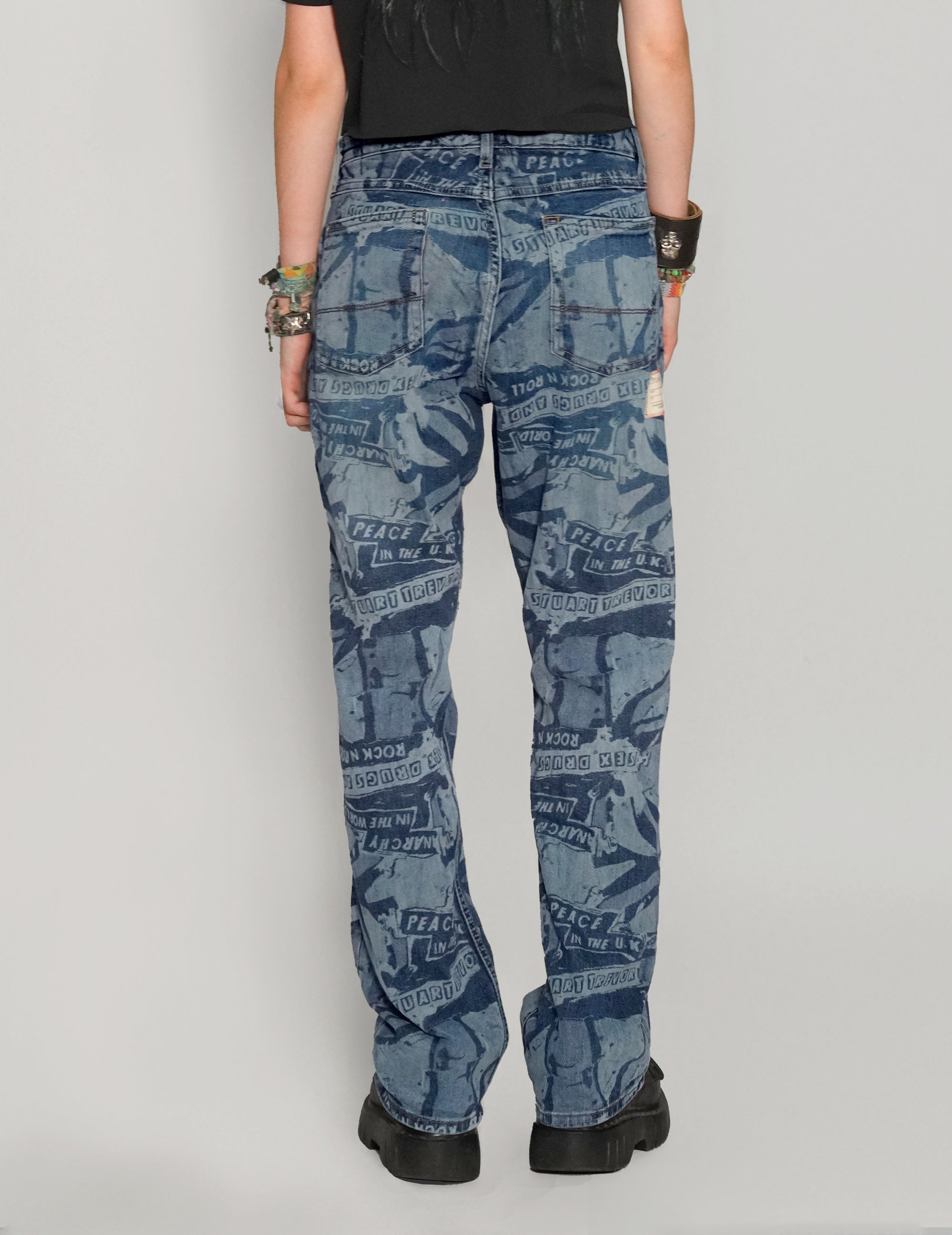 'Peace' Laser Print Jeans in Blue