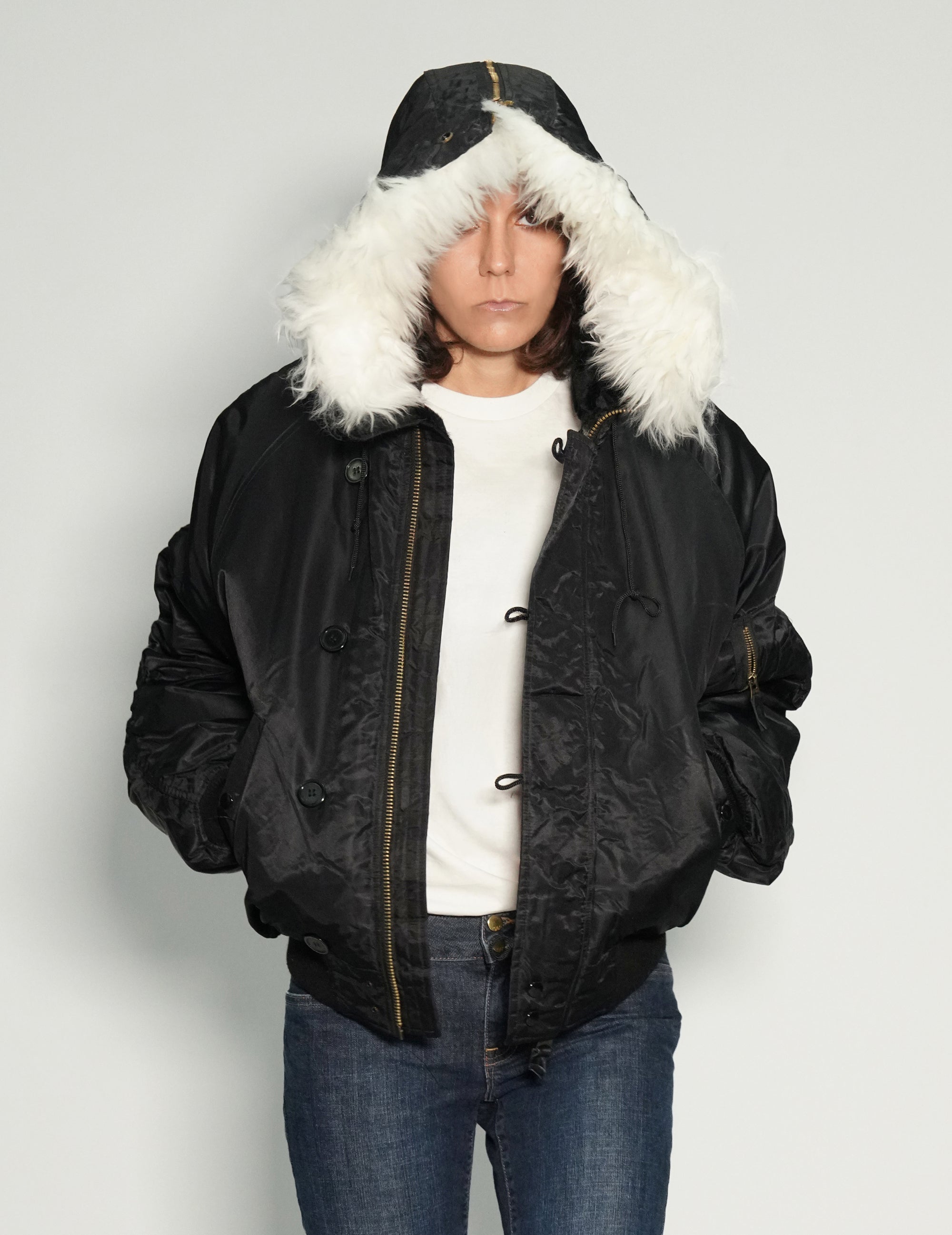 Zipped Hooded Flying Jacket in Black